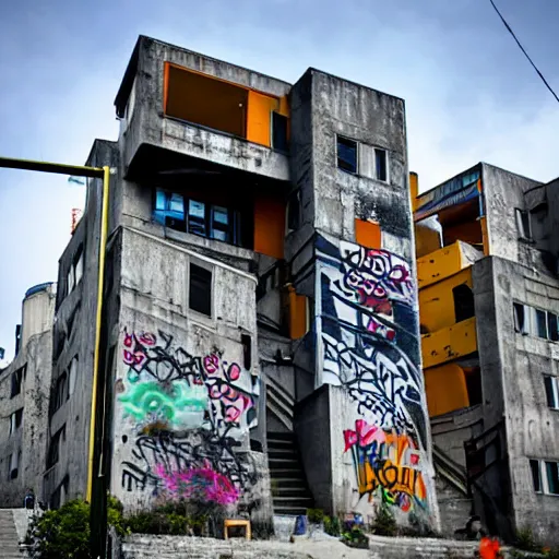 Image similar to habitat 67 covered in street art/graffiti