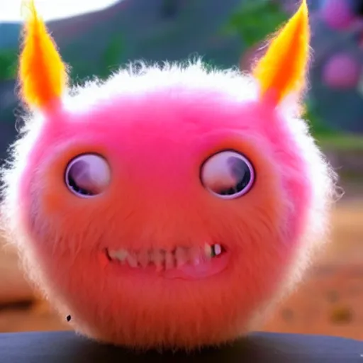 Image similar to an alien with a face that looks like a fuzzy peach the peach is fuzzy pink warm and ripe the alien has horns and a mean smile, 4k, highly detailed, high quality, amazing, high particle effects, glowing, majestic, soft lighting