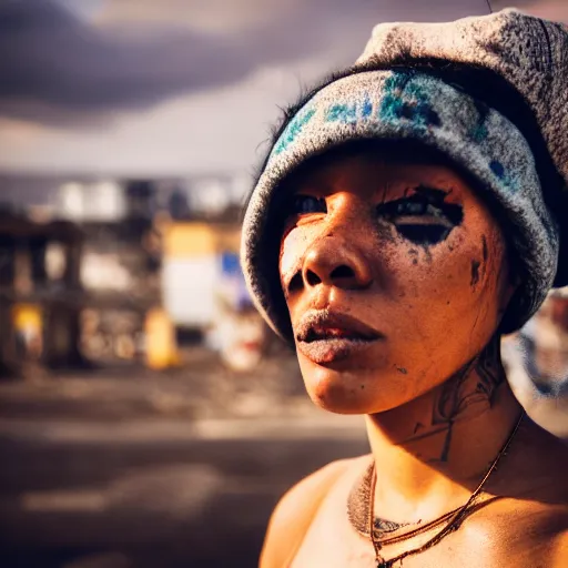 Image similar to photographic portrait of a poor streetwear woman in distress, a futuristic shanty town burns in the background, closeup, sigma 85mm f/1.4, 4k, depth of field, high resolution, 4k, 8k, hd, full color