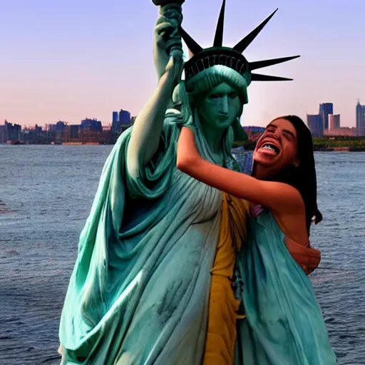 Image similar to lady liberty making out with alexandria ocasio - cortez, very realistic, hyper real, photojournalism