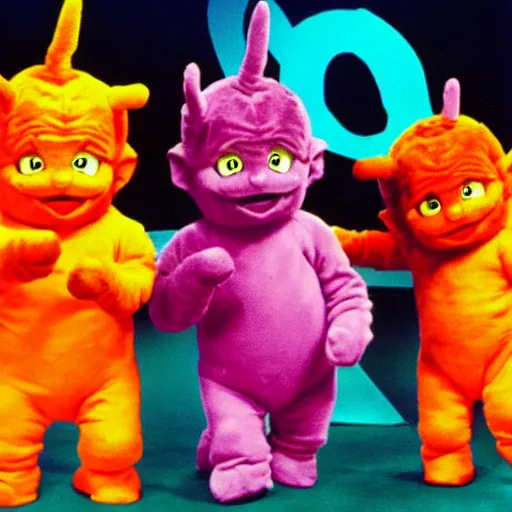 Image similar to Mike Tyson street fighting gang of teletubbies, 1980s children's show aesthetic