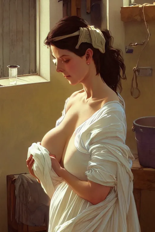 Image similar to rural pregnant woman doing laundry, portrait, elegant, intricate, digital painting, artstation, concept art, smooth, sharp focus, illustration, art by artgerm and greg rutkowski and alphonse mucha