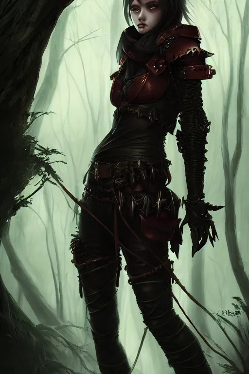 Image similar to dramatic atmospheric dark forest scenery, girl with vampire-fangs in hide leather armor, hyperdetailed, artstation, cgsociety, 8k