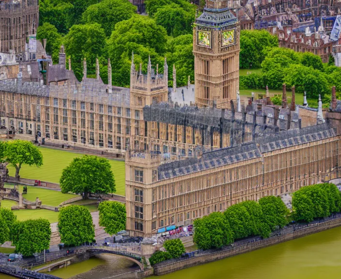 Image similar to 4 k hd, high detail photograph of buckingam palace and the big ben, shot with sigma f / 4. 2, 2 5 0 mm sharp lens, wide shot, volumetric lighting, high level texture render