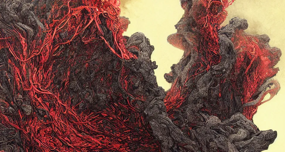 Prompt: a volcano made of ivory vines and crimson rocks enters in eruption, it spits a smoke in the shape of demonic eye, by Android jones,
