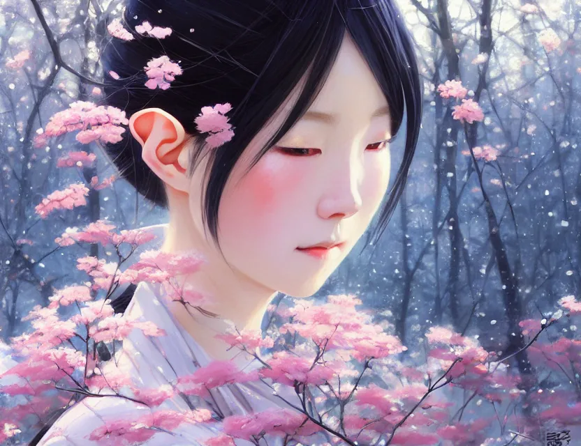 Image similar to a beautiful shibuya 1 0 9 female elf with haori and kimono decollete and jewelry | | snowy, realistic shaded, unpleasant face, channel, fasion, fine details, realistic shaded lighting poster by makoto shinkai, jeremy lipkin, michael garmash, magali villeneuve, artgerm, jeremy lipkin and michael garmash