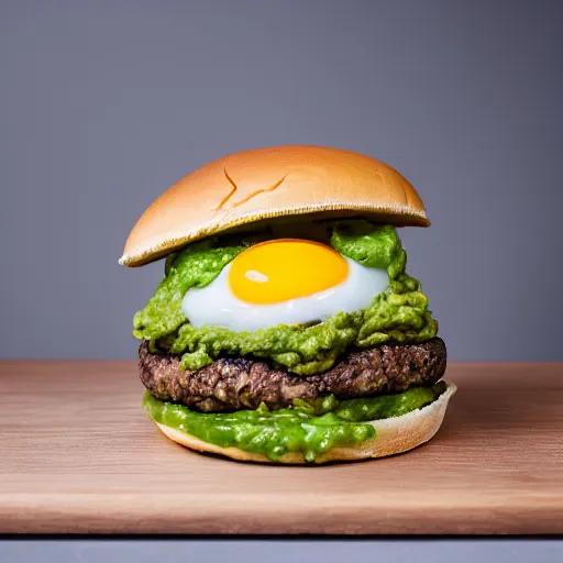 Image similar to juicy vegan hamburger topped with guacamole and fried onion and a vegan fried egg, crispy buns, 8 k resolution, professional food photography, studio lighting, sharp focus, hyper - detailed