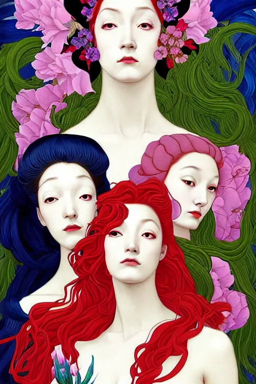 Image similar to 3 Spring Deities, (one representing each month of March, April, and May), in a style blending Æon Flux, Peter Chung, Shepard Fairey, Botticelli, Ivan Bolivian, and John Singer Sargent, inspired by pre-raphaelite paintings, shoujo manga, and cool Japanese street fashion, dramatically blossoming flora and fauna, pastel dynamic colors, hyper detailed, super fine inking lines, ethereal atmosphere, sfumato, 4K extremely photorealistic, Arnold render