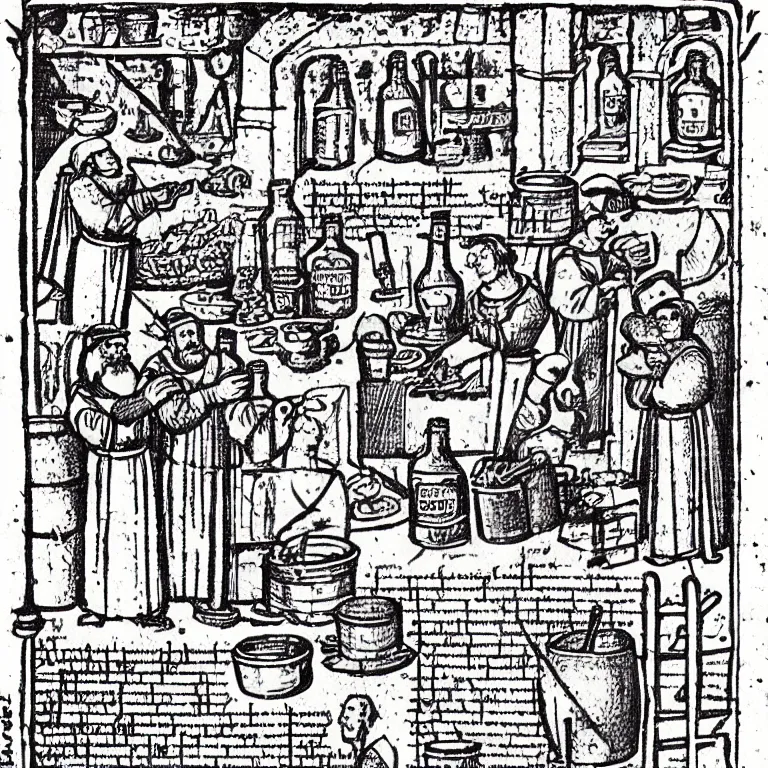 Image similar to middle age illustrated recipe for beer making ( ( ( ( a beer shoppe ) ) ) ) lot of medieval enluminures in the background explaining the recipe, schematic in a notebook