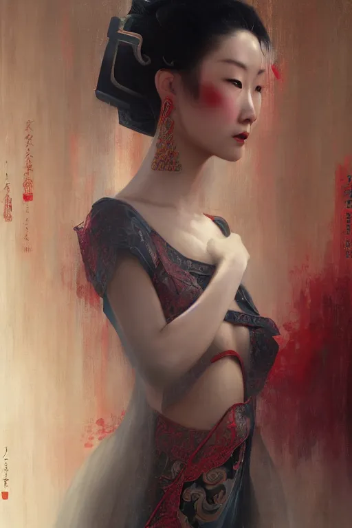 Prompt: ancient chinese beauty, lin daiyu in a dream of red mansions, cyberpunk, oil painting, darkness, paint texture, digital painting, highly detailed, artstation, sharp focus, illustration, concept art, ruan jia, charlie bowater, tom bagshaw, norman rockwell