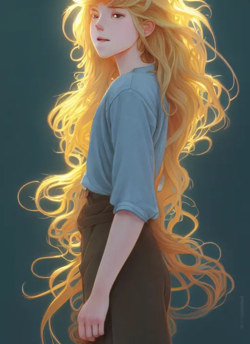 Image similar to teenager with medium - length, curly, golden hair, aquamarine eyes, natural lighting, path traced, highly detailed, high quality, cartoon, digital painting, by new haicheng and ross tran and studio ghibli and alphonse mucha