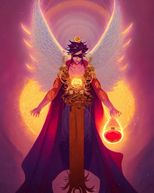 Image similar to a character portrait of only one male angel of justice with golden fiery wings, surrounded with spiriling sparkling rose crystals and galaxies, by peter mohrbacher, hyper light drifter, jim burns, greg rutkowski, in ukiyo - e style trending on artstation