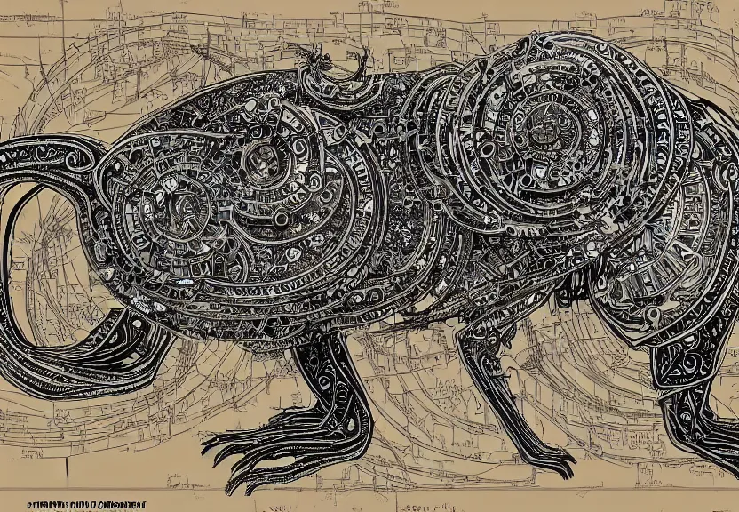 Image similar to small schematic blueprint of highly detailed ornate filigreed convoluted ornamented elaborate cybernetic rat, centered composition, art by da vinci