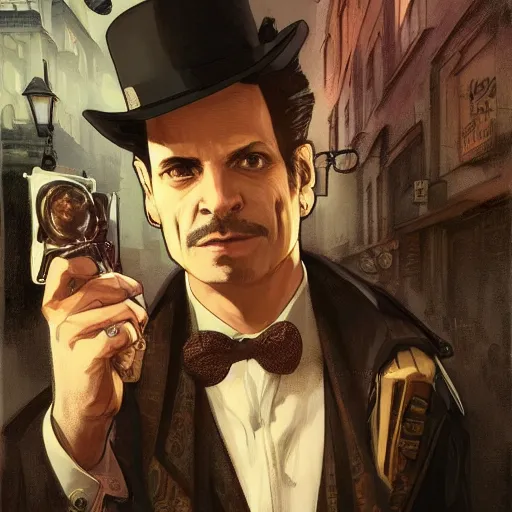 Image similar to [UHD Professor Moriarty as a GTA characters on the streets of futuristic steampunk London, correct faces, intricate, elegant, graphic detail, digital painting, trending on artstation, concept art, tonalism, sharp focus, illustration, art by Todd McFarlane and Greg Rutkowski and Alphonse Mucha]