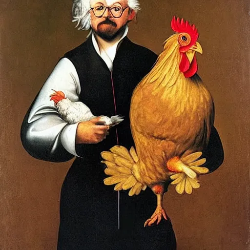 Prompt: Colonel Sanders holding a chicken. Painted by Caravaggio, high detail