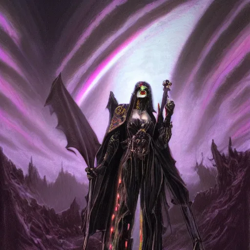 Image similar to concept art painting of beautiful figure the called the moonbow queen in black cloak holding a sword, skulls, a rainbow in the dark, colorful, by Michael Whelan, and Donato Giancola, cyberpunk, artstation, extremely moody lighting, glowing light and shadow, atmospheric, shadowy, cinematic, 8K