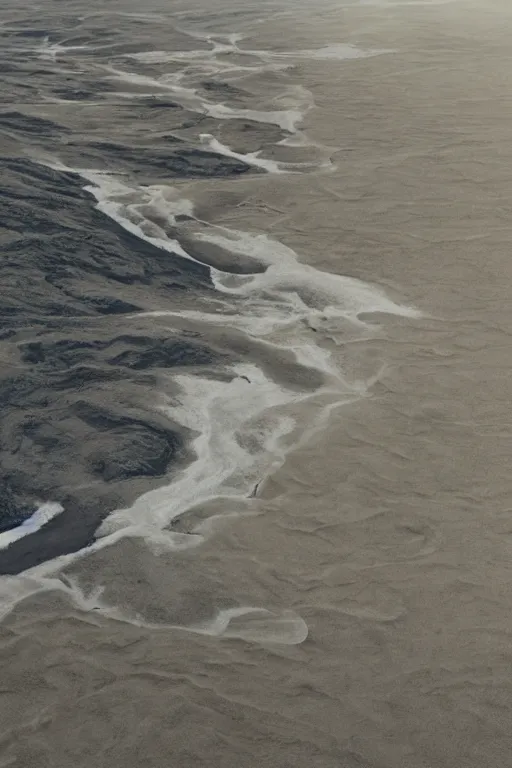 Image similar to top view of muddy river delta joining sea by hiroshi yoshida, marc simonetti, roger deakins, turner, rothko, hyperrealistic, cinematic, rock plateau, dramatic low sun scene, matte painting, fluid simulation, trending on artstation, 8 k high detail concept art, rendered in octane