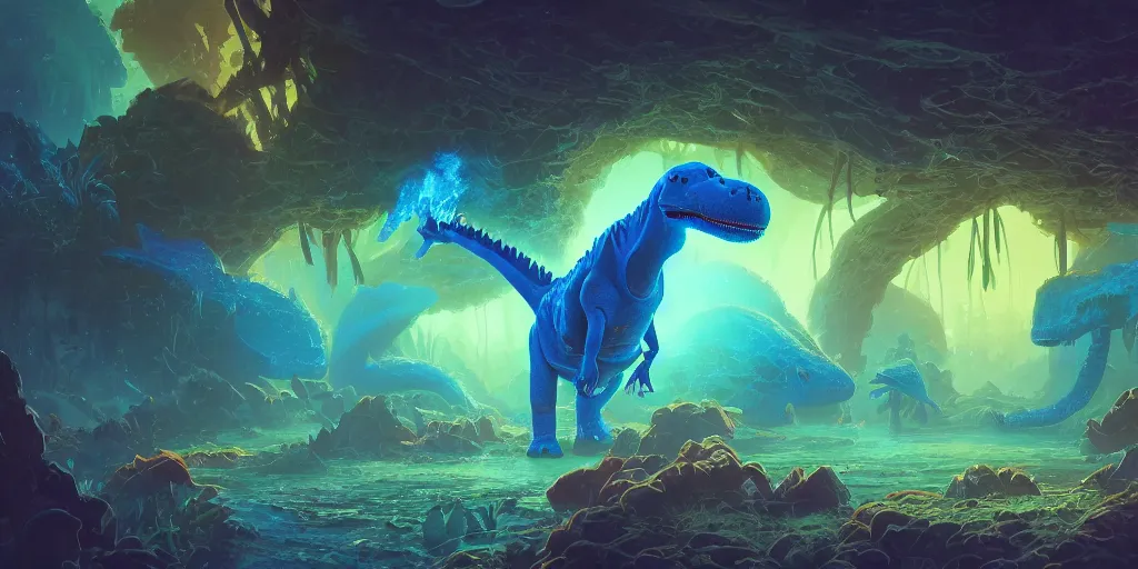 Prompt: close - up glowing blue dinosaur, jungle landscape, broken down grey wall,, alena aenami, petros afshar, noah bradley, anton fadeev, anato finnstark, steve henderson, filip hodas, mark keathley, thomas kinkade, phil koch, gilbert williams, mike winkelmann, beeple