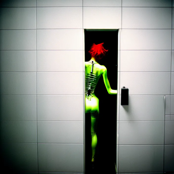 Image similar to skinny agile neon cyborg trying to claw its way out of a bathroom stall, by chris cunningham, nightmare, horror, 3 5 mm, film shot