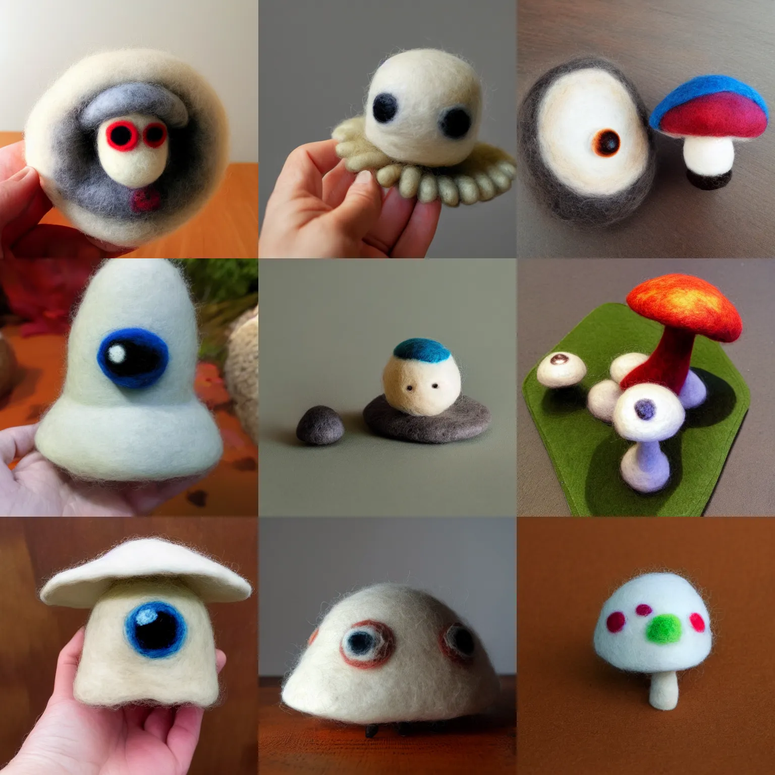 Prompt: photo of a needle felted wool mushroom figure with large eyes