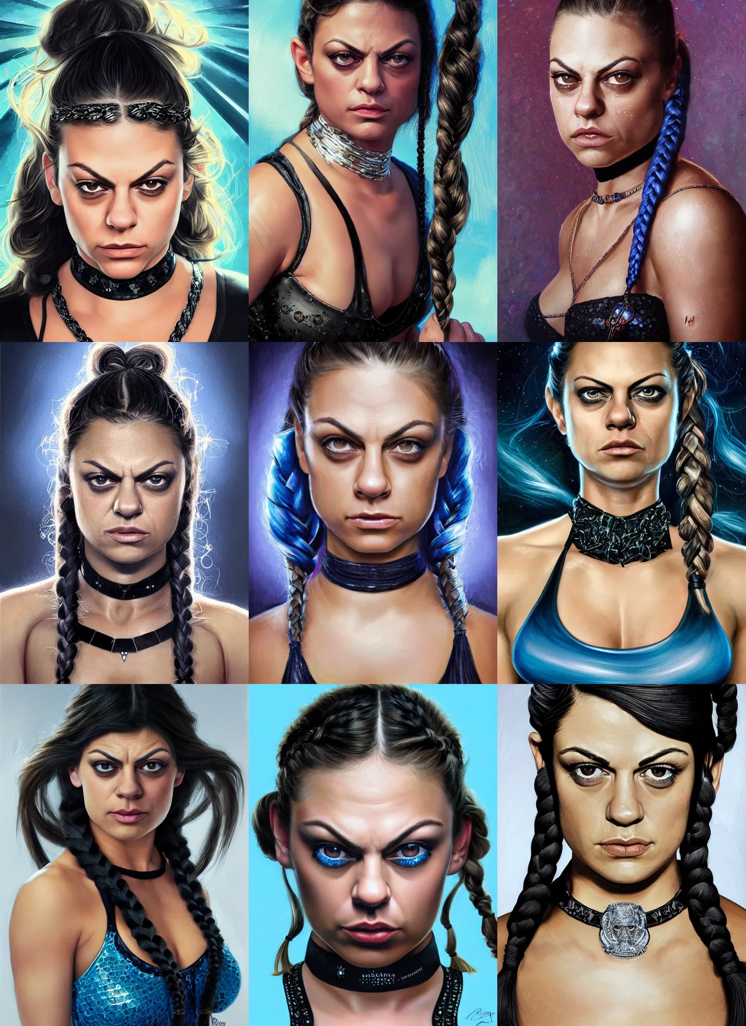 Prompt: portrait of angry muscled Mila Kunis with braided pigtails hair and bright blue squinting eyes looking directly into the camera, shiny sparkling diamonds, mouth slightly open, wearing intricate black choker, elegant, highly detailed, centered, digital painting, artstation, concept art, smooth, sharp focus, illustration, artgerm, donato giancola, Joseph Christian Leyendecker, WLOP, Boris Vallejo, Artgerm