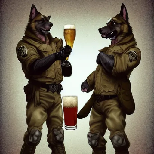 Image similar to two humanoid german shepherds beast - men in military style, they holding a beer, artstation, concept art, smooth, sharp foccus ilustration, artstation