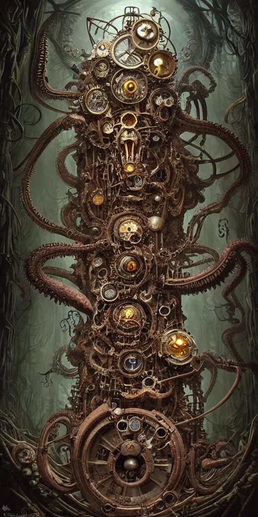 Prompt: biomechanical steampunk creature with robotic parts and big octopus head and (glowing) eyes guarding an ancient chest in a mystic forest, gothic and baroque, brutalist architecture, ultradetailed, creepy ambiance, artgerm, giger, Intricate by Ellen Jewett and Josan Gonzalez and Giuseppe Arcimboldo