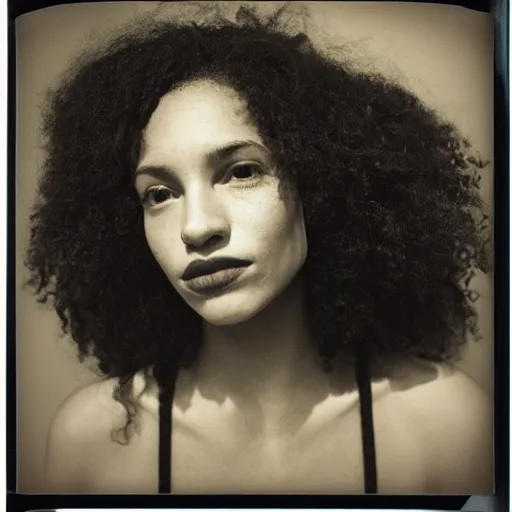 Image similar to polaroid picture, beautiful light - skinned woman, symmetrical face, curly hair, afro, full shot, artistic, black and white, eerie, francesca woodman style