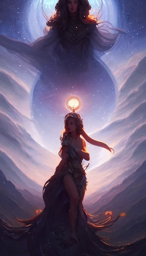 Image similar to star goddess, fine art, awesome fantasy book cover on pinterest, award winning, dark fantasy landscape, fantasy magic, intricate, elegant, sharp focus, cinematic lighting, highly detailed, digital painting, concept art, art by wlop and artgerm and greg rutkowski, masterpiece, trending on artstation, 8 k