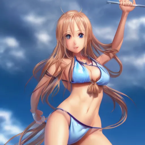 Image similar to a very beautiful mature yuuki asuna, full body, long wavy blond hair, sky blue eyes, full round face, bikini, miniskirt, front view, mid - shot, highly detailed, cinematic wallpaper by stanley artgerm lau