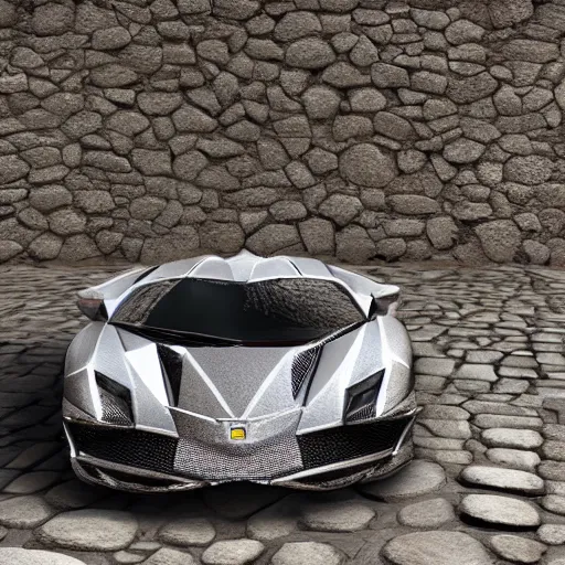 Image similar to lamborgini made of stone, inka style, hyper - realistic, very detailed, ray tracing, 8 k resolution, long - shot, sharp focus, low angle, 3 5 mm photograph, wide lens