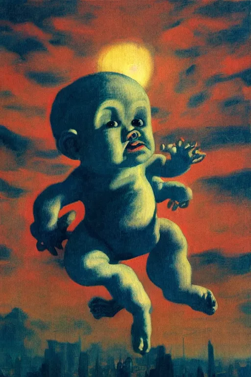 Prompt: evil human giant baby in a diaper, grows up to the sky, destroys the city under his feet, hauntingly surreal, highly detailed painting by francis bacon, edward hopper, adrian ghenie, gerhard richter, and james jean soft light 4 k,