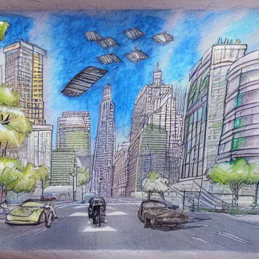 Image similar to a pencil and watercolor drawing of a bright city in the future with flying cars