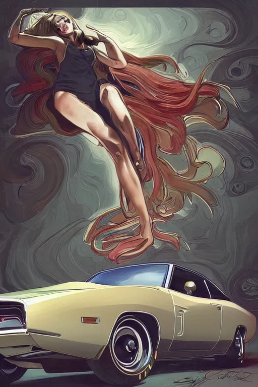 Image similar to 1970 Dodge Charger car , highly detailed, digital painting, artstation, concept art, smooth, sharp focus, illustration, art by artgerm and alphonse mucha, high definition digital art, in the style of Ross tran and ilya kuvshinov