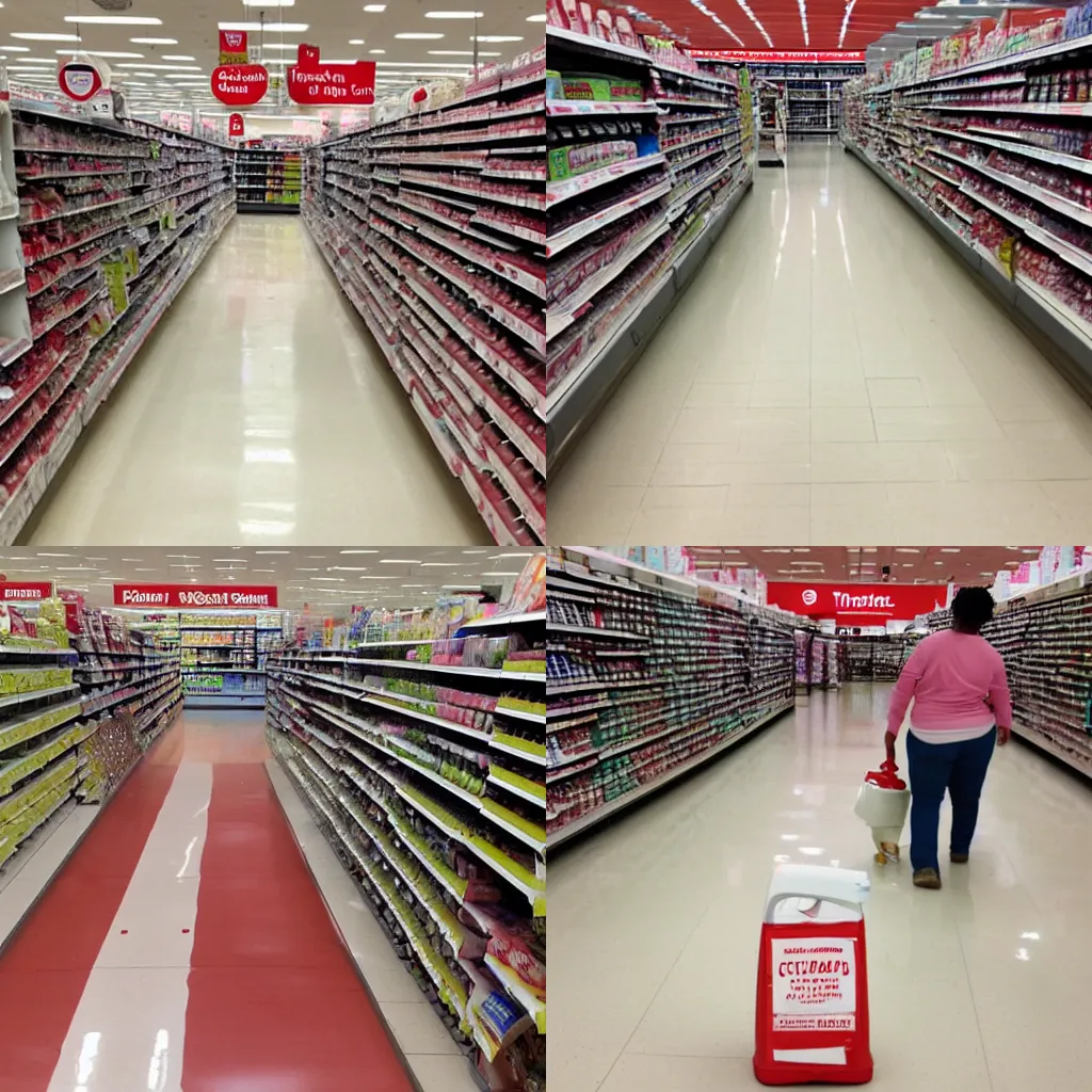 Prompt: Target store aisle fell over spilling milk everywhere