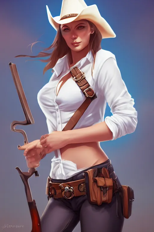 Image similar to full body, female cowgirl, perfect face, white blouse, empty gun holster, 8 k, magic the gathering, desert, d & d, artstation, high detail, smooth, muscular