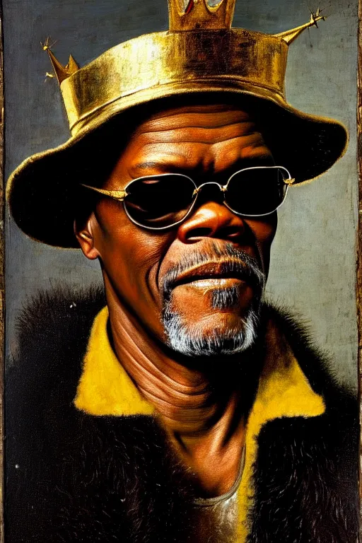 Prompt: high quality celebrity portrait of samuel l jackson wearing a gold crown and sunglasses, painted by the old dutch masters, rembrandt, hieronymous bosch, frans hals, symmetrical detail