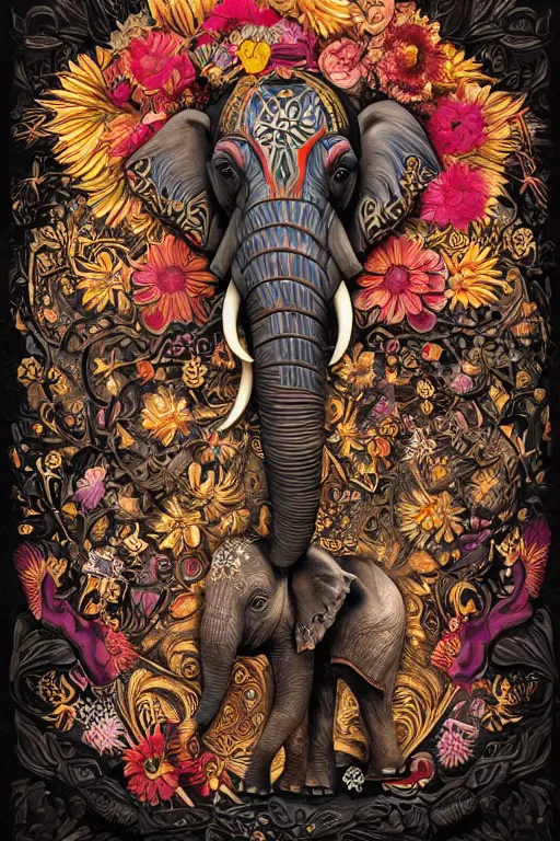 Image similar to Painted dark-wood relief carving of a Flowerpunk Matriarch Elephant, explosion of colorful flowers, dark wood, intricately carved, black ink, festival of rich colors, intricate details, cinematic lighting, volumetric lighting, post-processing, by andreas rocha and john howe, and Martin Johnson Heade, featured on artstation, featured on behance, golden ratio, hyper detailed, photorealistic, epic composition, center spotlight, f32, well composed, UE5, 8k