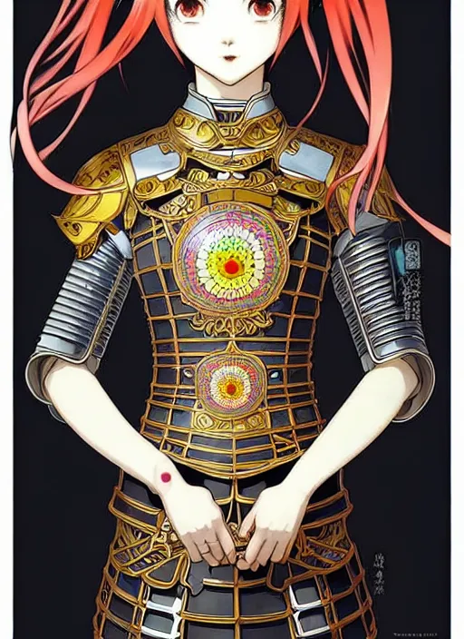 Image similar to takashi murakami, ilya kuvshinov, anime female knight in. ornate armor by, last exile, murata range, fine detail, perfect, dramatic lighting, dynamic composition, art deco, cel shading, vivid, rich texture, alphonse mucha, ( ( ( colorful ) ) ), ( ( ( yoshinari yoh ) ) ),