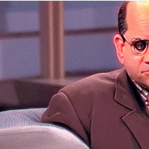 Image similar to George Costanza getting increasingly angry at Jerry Seinfeld for not getting Digimon names right.