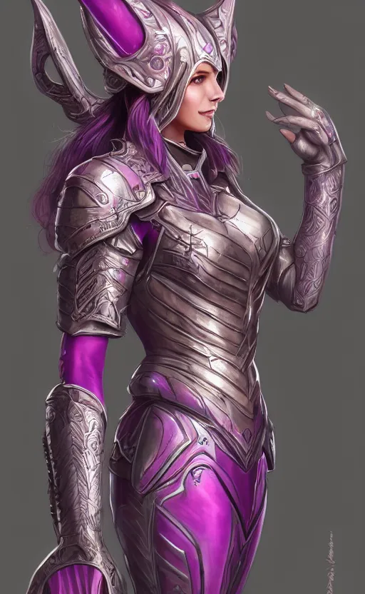 Prompt: a full body portrait of an elven woman with pink skin, and armor fit for a queen, wearing purple headphones, and smiling, dynamic lighting, photorealistic fantasy concept art, trending on art station, stunning visuals, creative, cinematic, ultra detailed