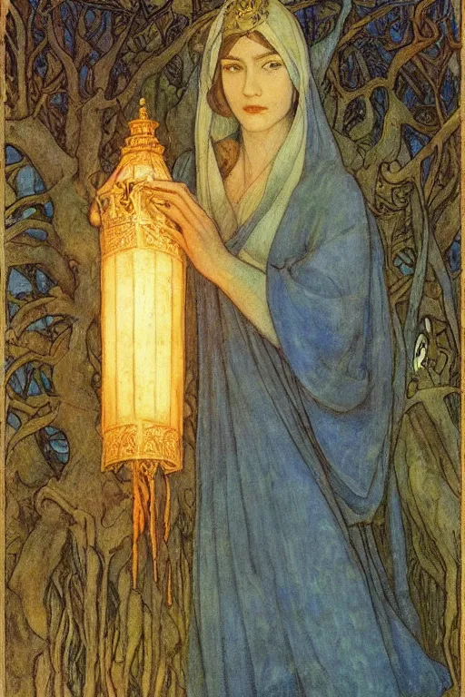 Image similar to queen of the forest with her lantern, by Annie Swynnerton and Nicholas Roerich and jean delville, dramatic cinematic lighting , ornate headdress , flowing robes, lost civilizations, extremely detailed