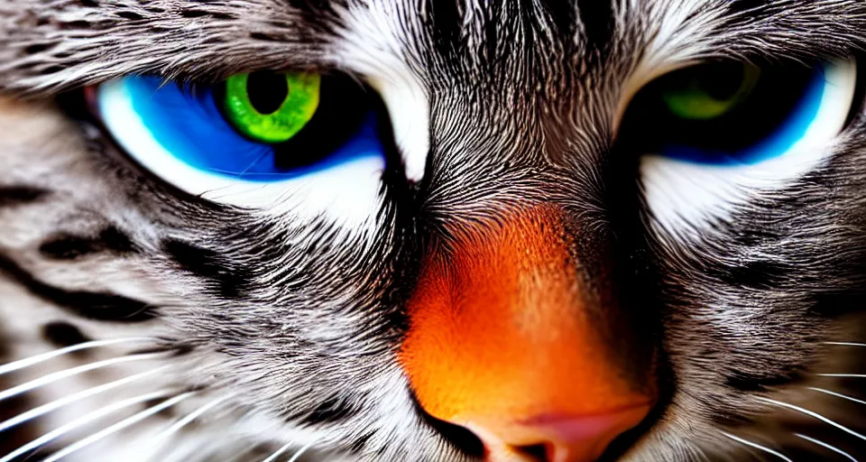 Image similar to up close fisheye lens photo of a cats face, macro photography, complementing colors, film