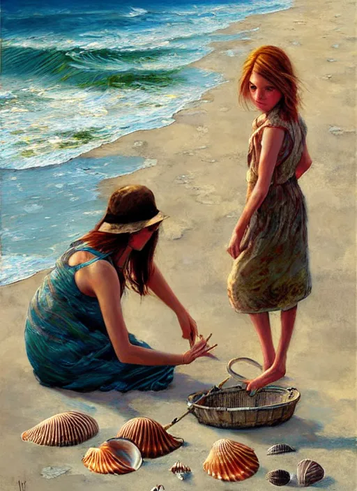 Image similar to she sells sea shells by the sea shore; painting by Jon foster.