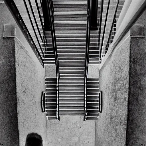 Image similar to looking down upon a man who walks down a staircase, perspective, by sergey belik