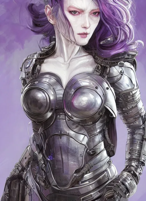 Image similar to close up portrait of a pale woman in sci - fi armor with purple hair, powerful, domineering, stoic, masterful, intense, ultrafine hyperdetailed illustration by kim jung gi, irakli nadar, intricate linework, sharp focus, octopath traveler, yoji shinkawa, yoshitaka amano, detailed, concept art