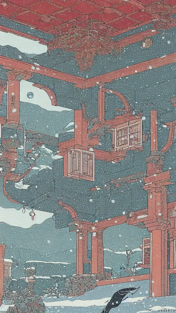 Prompt: a beautiful ancient bathhouse with a bathing alien creature in the winter by hasui kawase