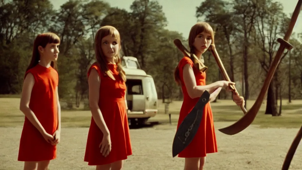 Image similar to A girl in a mod dress holding an axe confronts the monster, Film still from Wes Anderson, wide lens