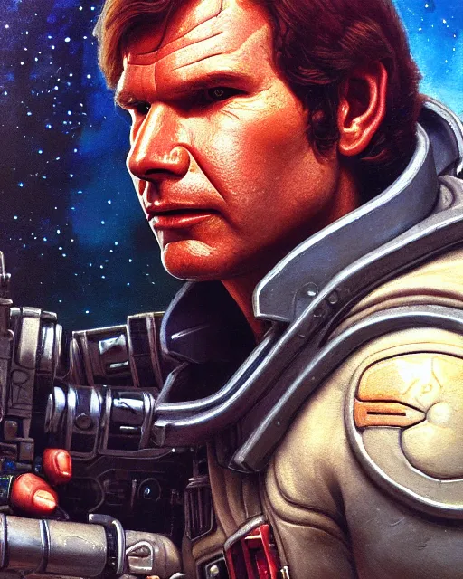 Image similar to character portrait closeup 4 0 years old han solo harrison ford cyberpunk starcraft terran warhammer 4 0 k space marine, confident, character design, painting by gaston bussiere, katsuya terada, frank frazetta, tom of finland, wlop, artgerm, dan mumford, action pose, trending on artstation