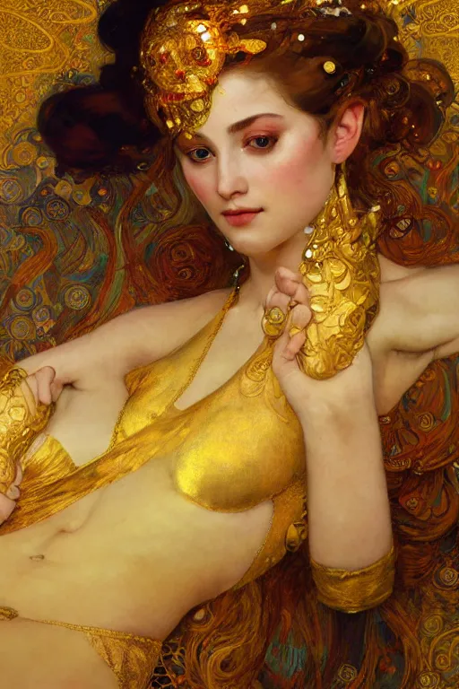 Image similar to an intricate artistic pose painting of a beautiful young goddess with an artistic sensual pose in bed with klimt golden motives and textures, hyper detailed, ornamental gold headpiece, octane render, vivid colors, artstation, by jeremy mann, by alphonse mucha, by boris vallejo